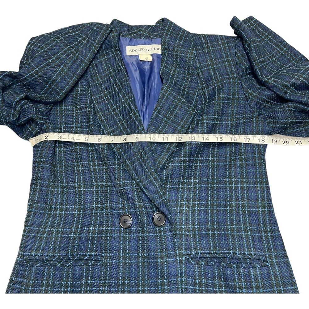 Adolfo Studio 2 Piece Skirt Suits Women's 6 Blue Plaid Polyester Double Breasted - Picture 3 of 16